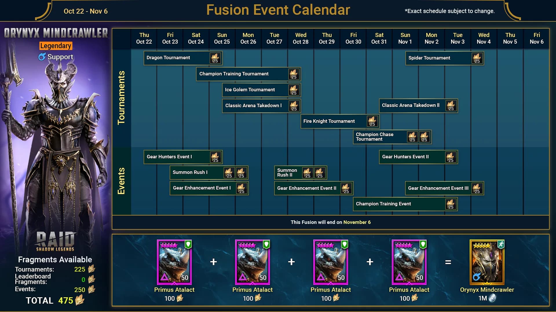 Official Orynyx Mindcrawler fusion event calendar, 22 October to 6 November 2026