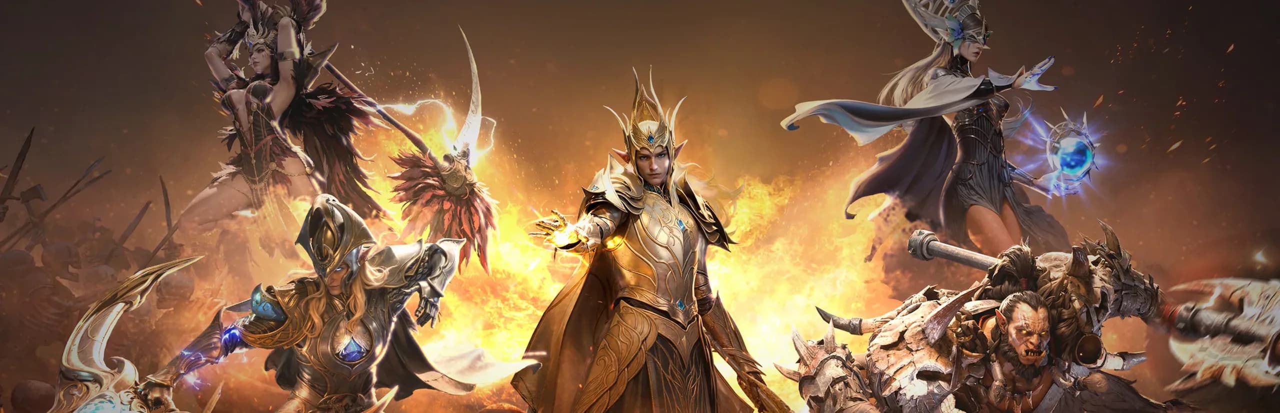 Wide Dragonheir: Silent Gods key art showing a lineup of armoured fantasy heroes and a dragon against a dramatic sky